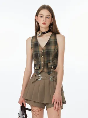 Vest Retro   Khaki Check Skirt
