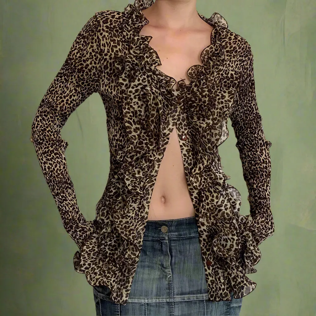 Vintage Leopard Ruffle Front Blouse