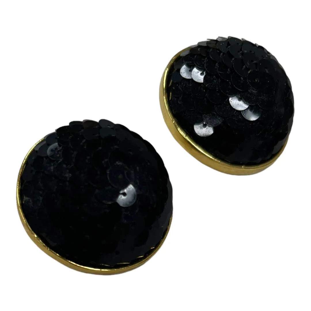 Vintage Poogi Paris Black Sequin Gold Statement Clip Earrings