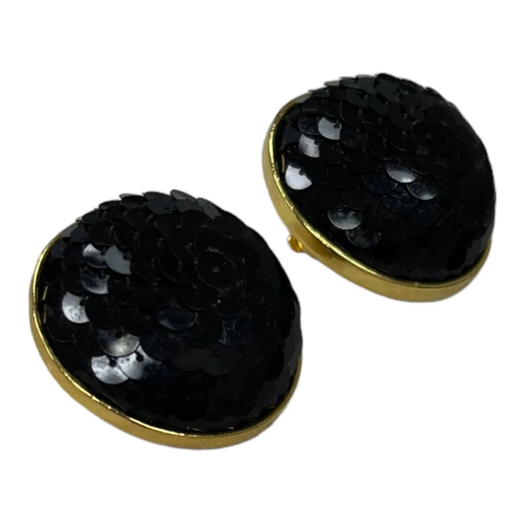 Vintage Poogi Paris Black Sequin Gold Statement Clip Earrings
