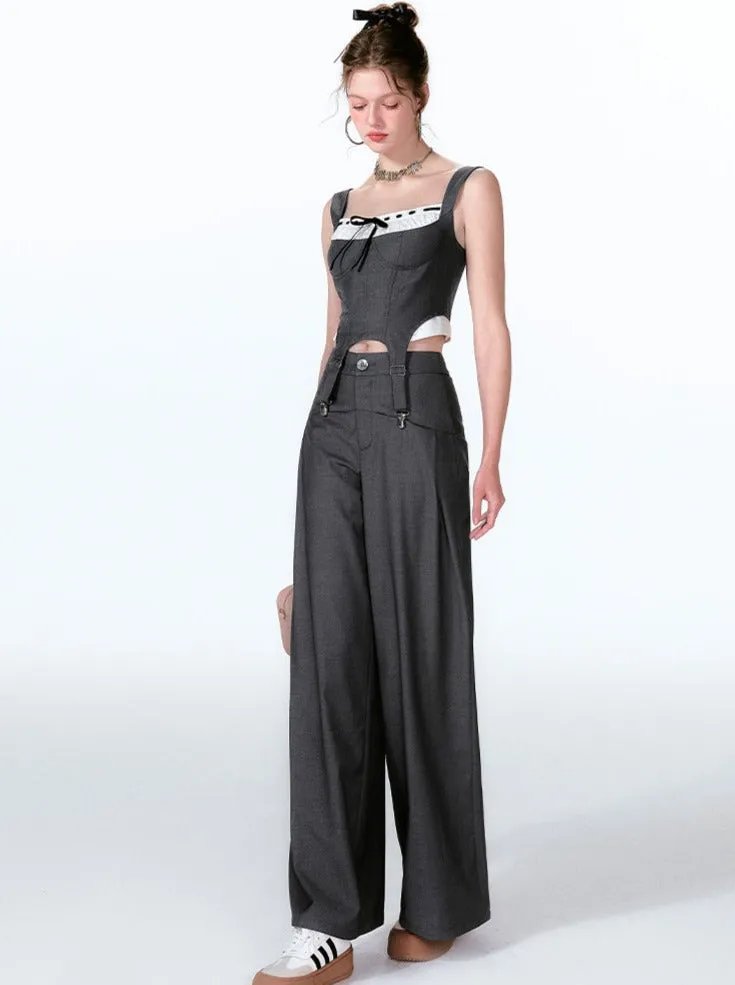 Wide Two-piece   Design Contrast Faux Vest Mint-cool Pants