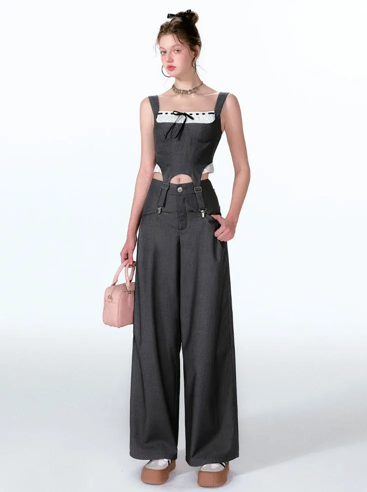 Wide Two-piece   Design Contrast Faux Vest Mint-cool Pants