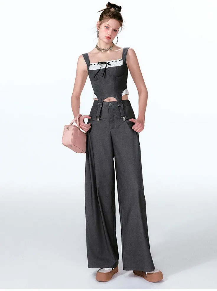 Wide Two-piece   Design Contrast Faux Vest Mint-cool Pants