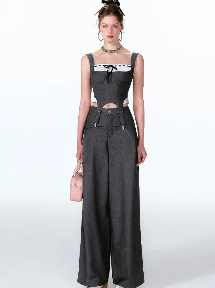 Wide Two-piece   Design Contrast Faux Vest Mint-cool Pants