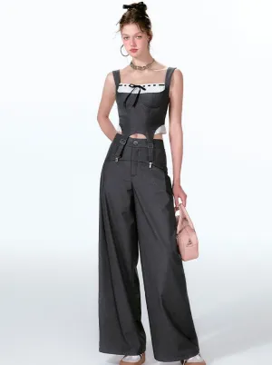 Wide Two-piece   Design Contrast Faux Vest Mint-cool Pants