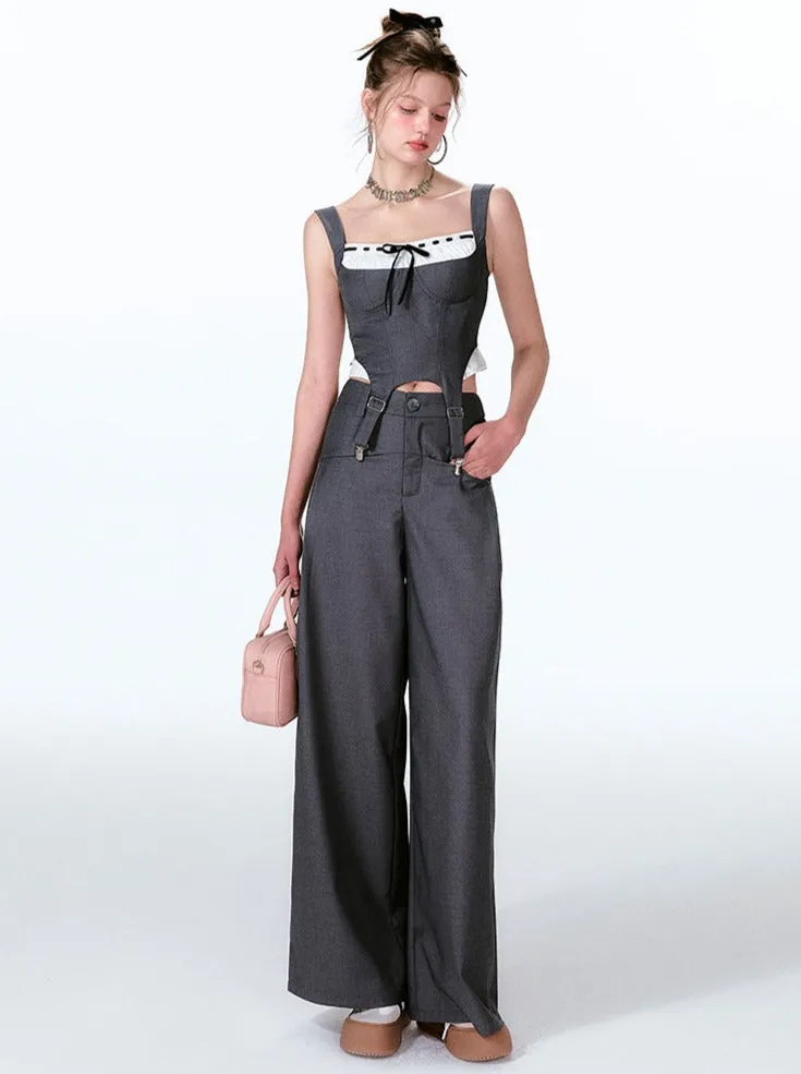 Wide Two-piece   Design Contrast Faux Vest Mint-cool Pants