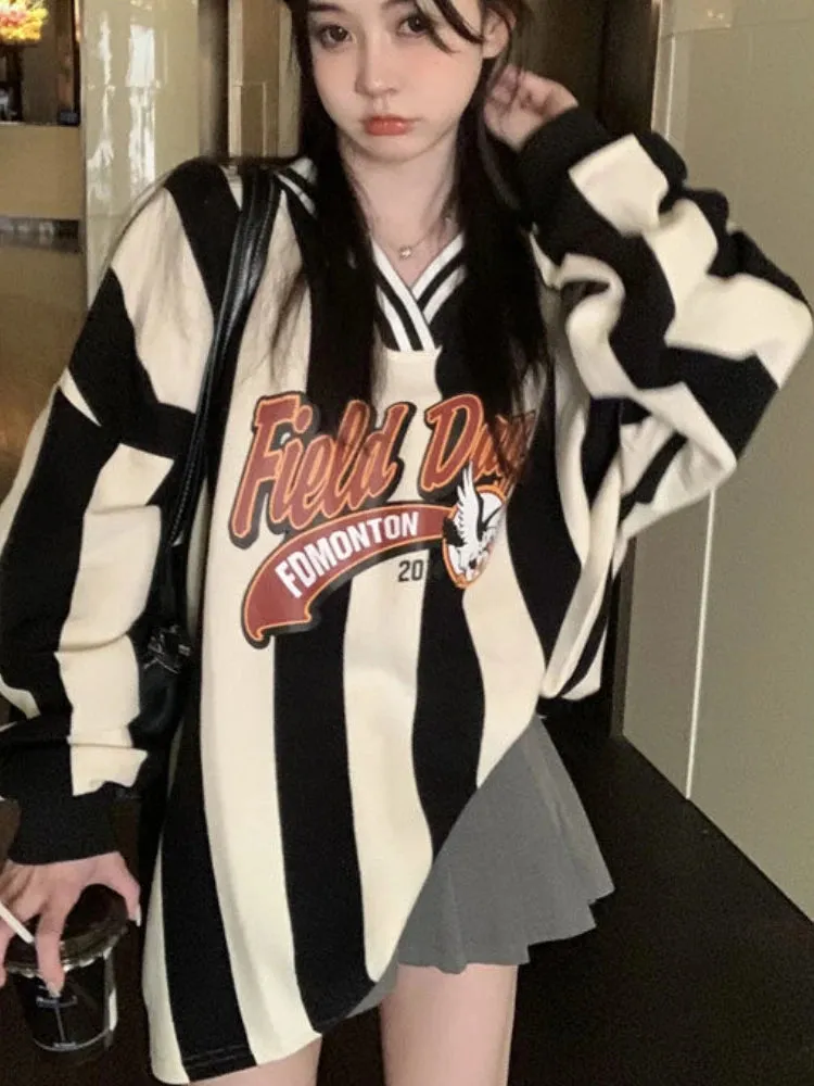Y2K Retro Streifen Hoodie schwarz und weiß